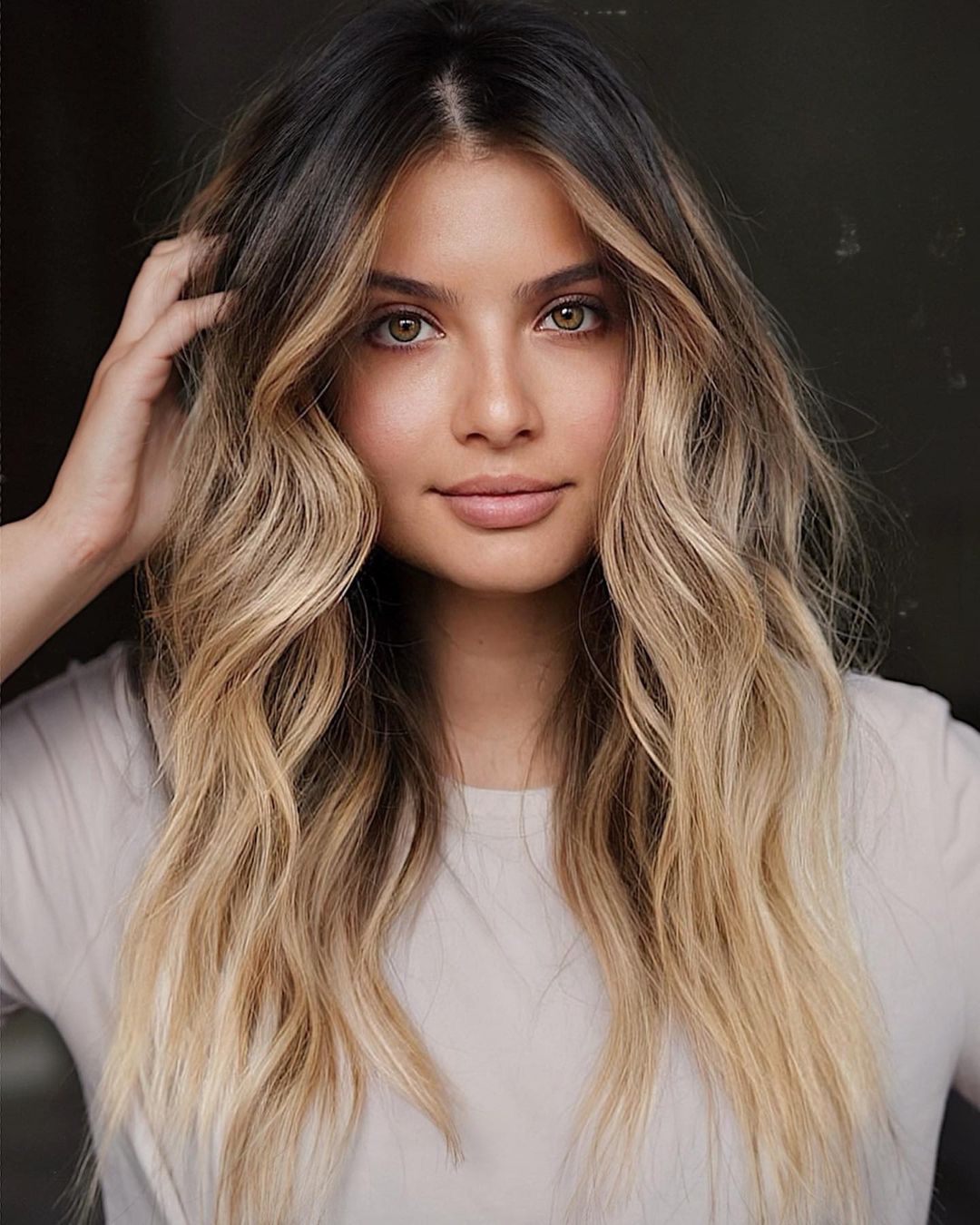 Long Blonde Balayage Hair with Black Roots